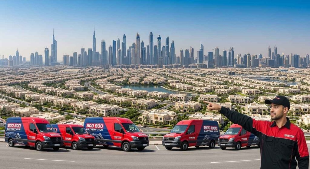 Technician providing battery replacement for vehicles across Abu Dhabi populated zones