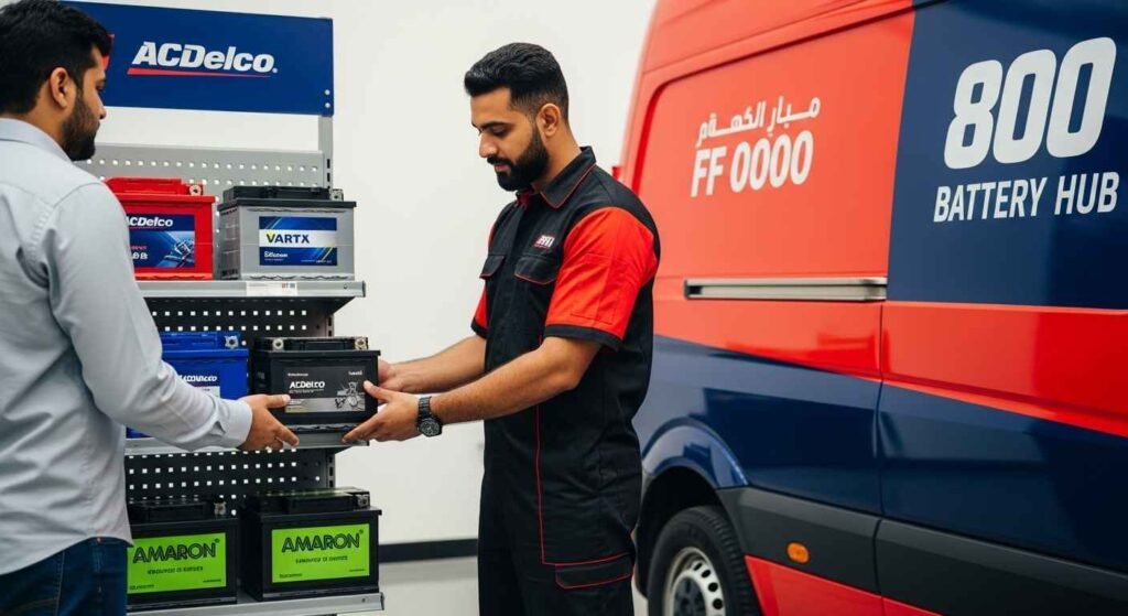 Emergency technician selecting the correct car battery based on vehicle specifications in UAE