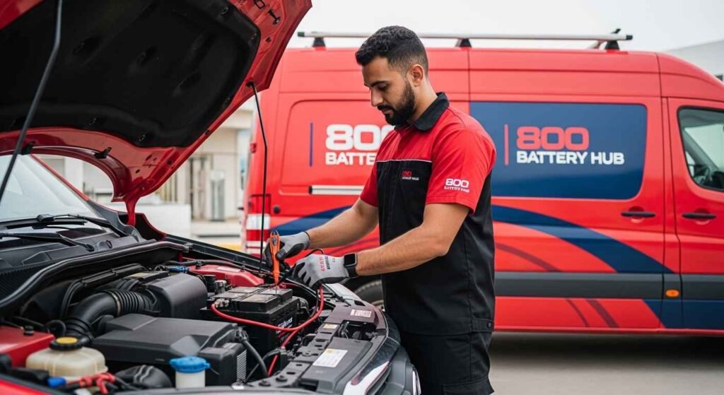 Expert technicians performing on-site car battery diagnostics and replacement at your home in UAE