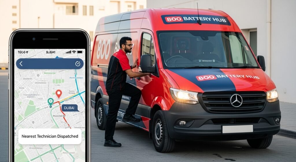 Easily schedule on-site car battery replacement by call or online booking across UAE