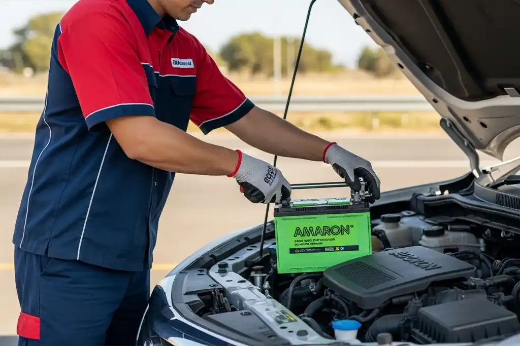 On-site installation of Amaron battery at customer location