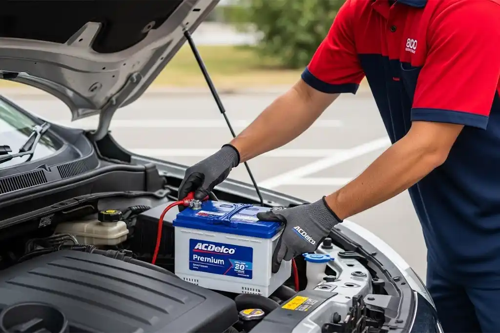 Technician performing ACDelco battery replacement directly at customer location