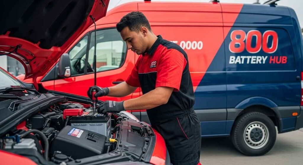 Emergency technician professionally installing car battery on-site to restore power quickly in UAE