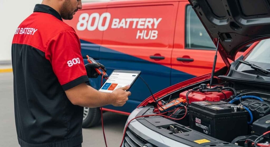 Mobile technicians completing on-site car battery replacement and safety checks in UAE