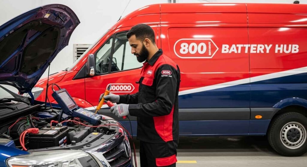 Emergency technician performing full system testing after car battery installation in UAE