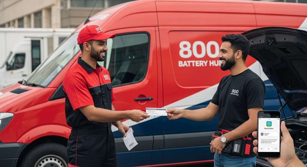 Payment processing and warranty activation for car battery replacement