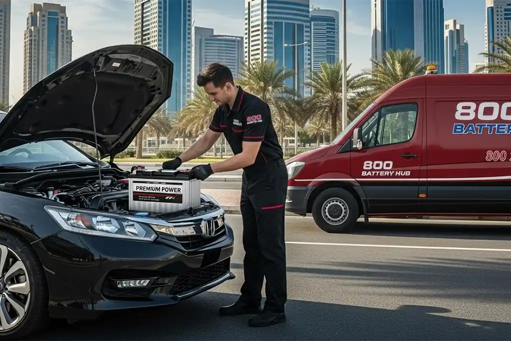 Technician installing a car battery in a Honda Accord