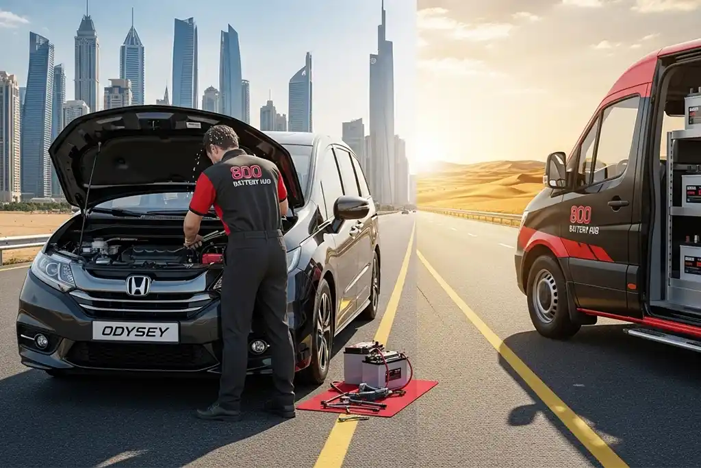 Technician working on battery setup for a Honda Odyssey vehicle