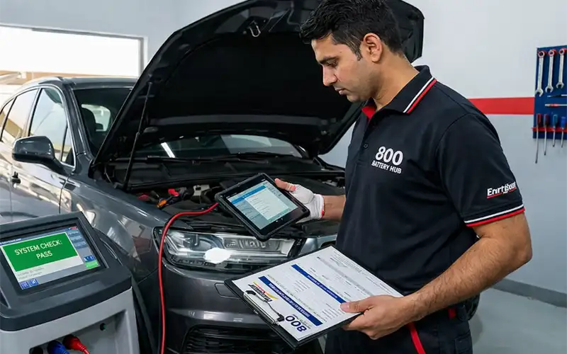 Hyundai battery testing and official warranty registration by technician